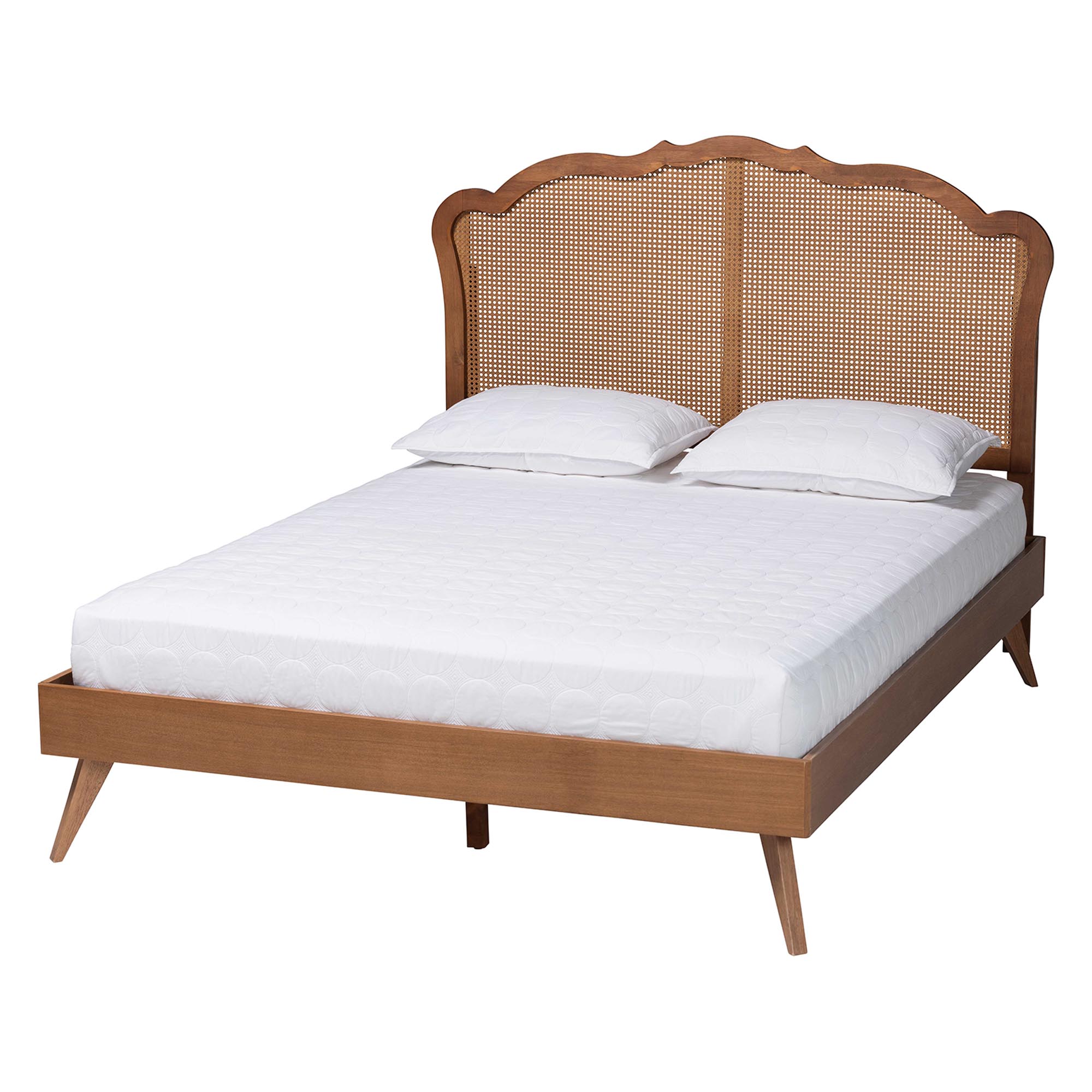 Baxton Studio Aithan Mid-Century Walnut Brown Wood and Rattan Queen Size Platform Bed Affordable modern furniture in Chicago, classic bedroom furniture, modern queen size, cheap queen size