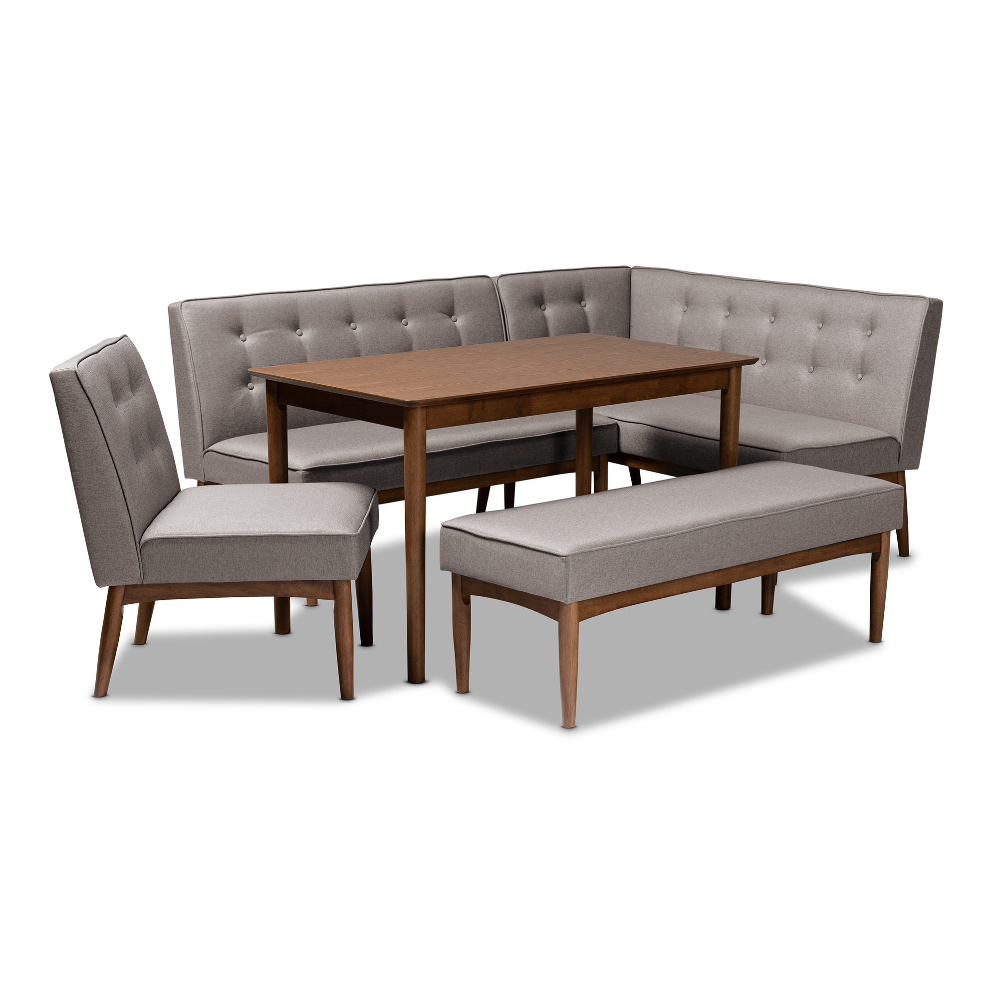 Baxton Studio Arvid Mid-Century Modern Gray Fabric Upholstered 5-Piece Wood Dining Nook Set Affordable modern furniture in Chicago, classic dining room furniture, modern dining sets, cheap dining sets