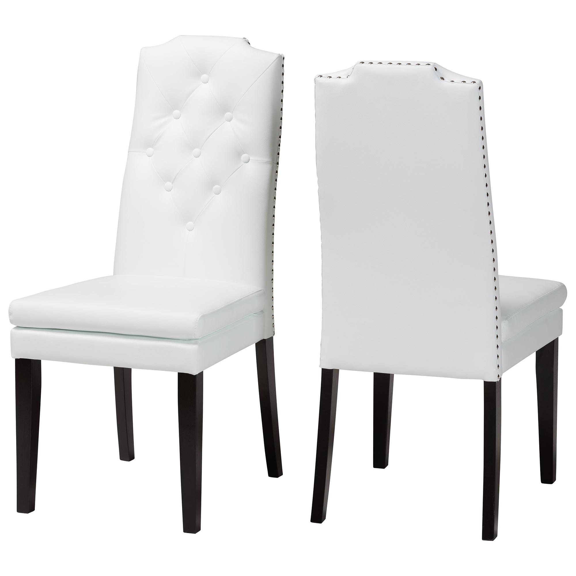 Baxton Studio Dylin Modern and Contemporary White Faux Leather Button-Tufted Nail heads Trim Dining Chair Affordable modern furniture in Chicago, Classic Dining Chair, Modern Chair, cheap Chair,