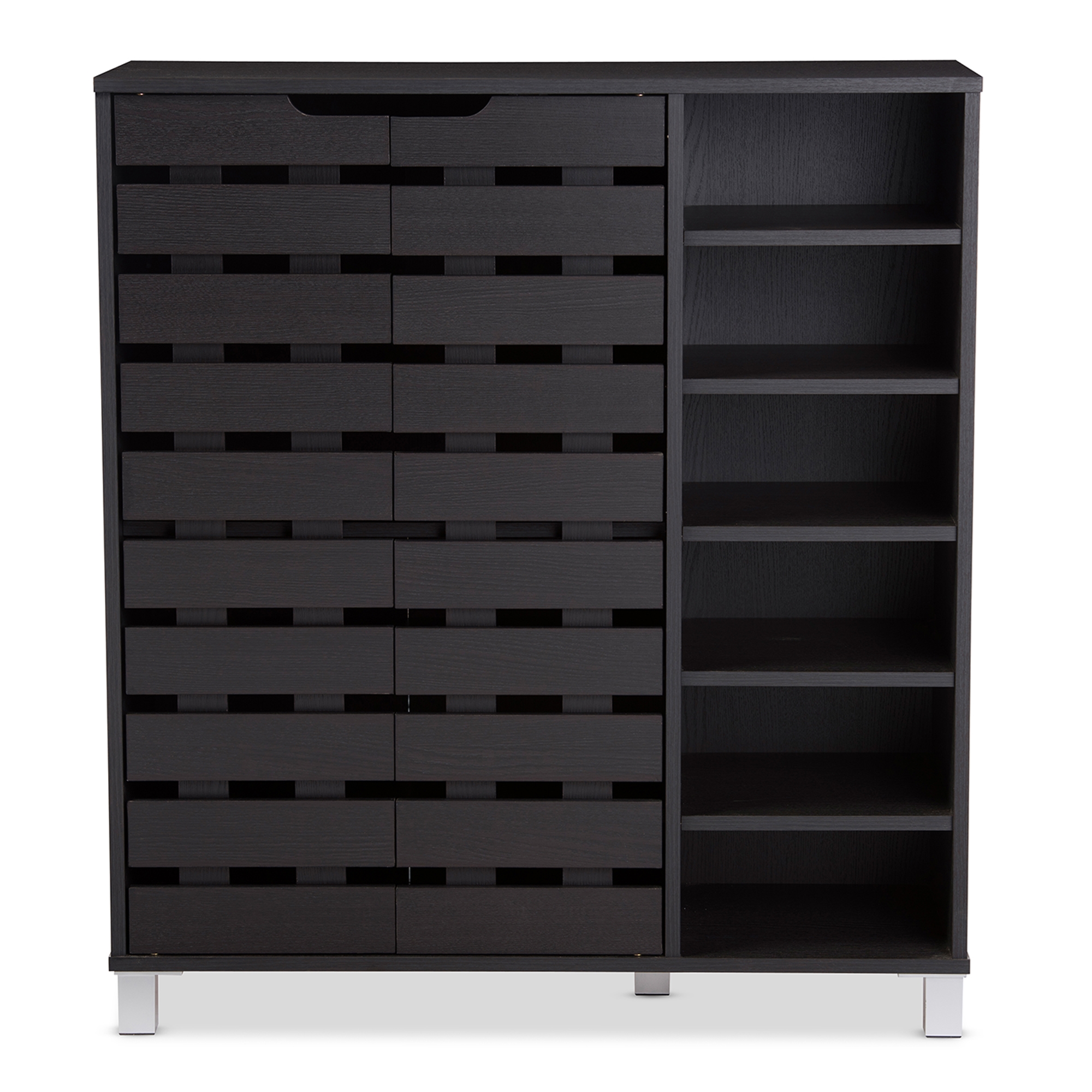 Baxton Studio Shirley Modern and Contemporary Dark Brown Wood 2-Door Shoe Cabinet with Open Shelves