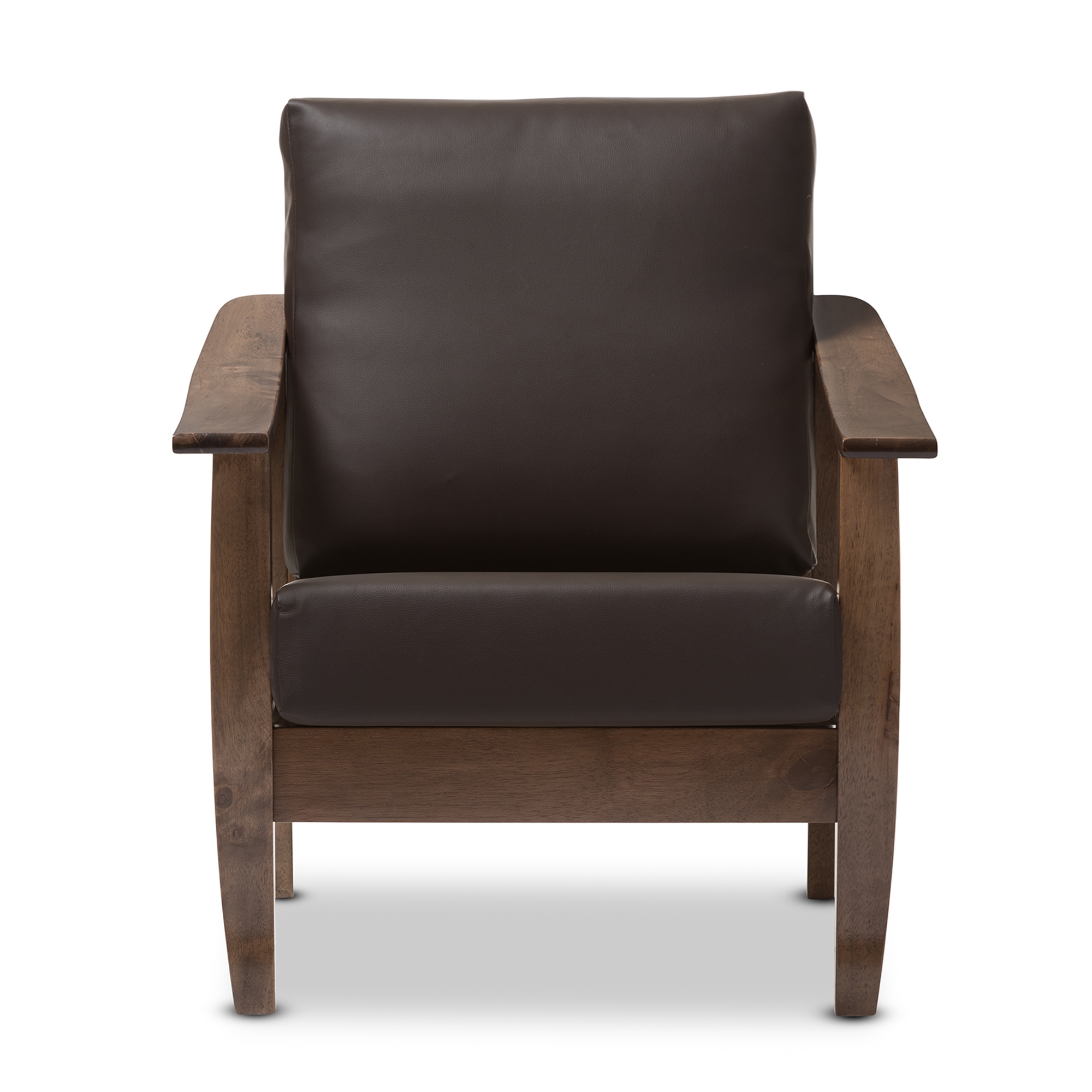 Baxton Studio Pierce Mid-Century Modern Walnut Brown Wood and Dark Brown Faux Leather 1-Seater Lounge Chair