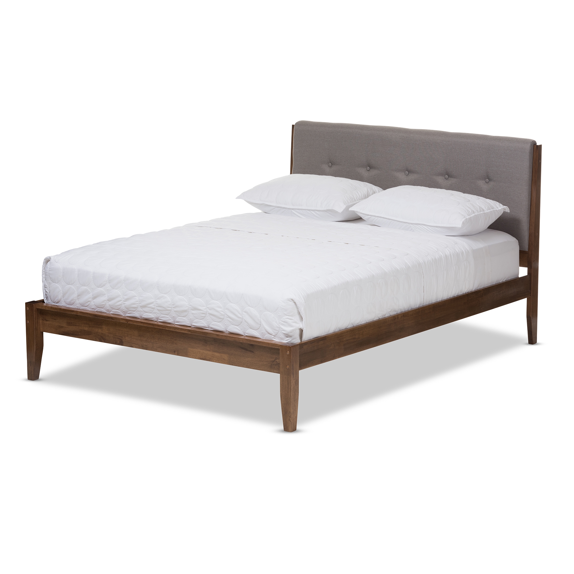 Baxton Studio Leyton Mid-Century Light Grey Fabric and Medium Brown Finish Wood Queen Size Platform Bed