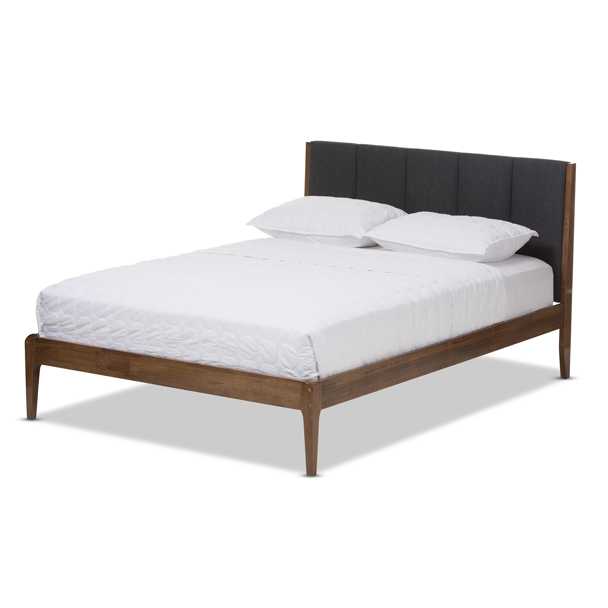 Baxton Studio Ember Mid-Century Dark Grey Fabric and Medium Brown Finish Wood Queen Size Platform Bed