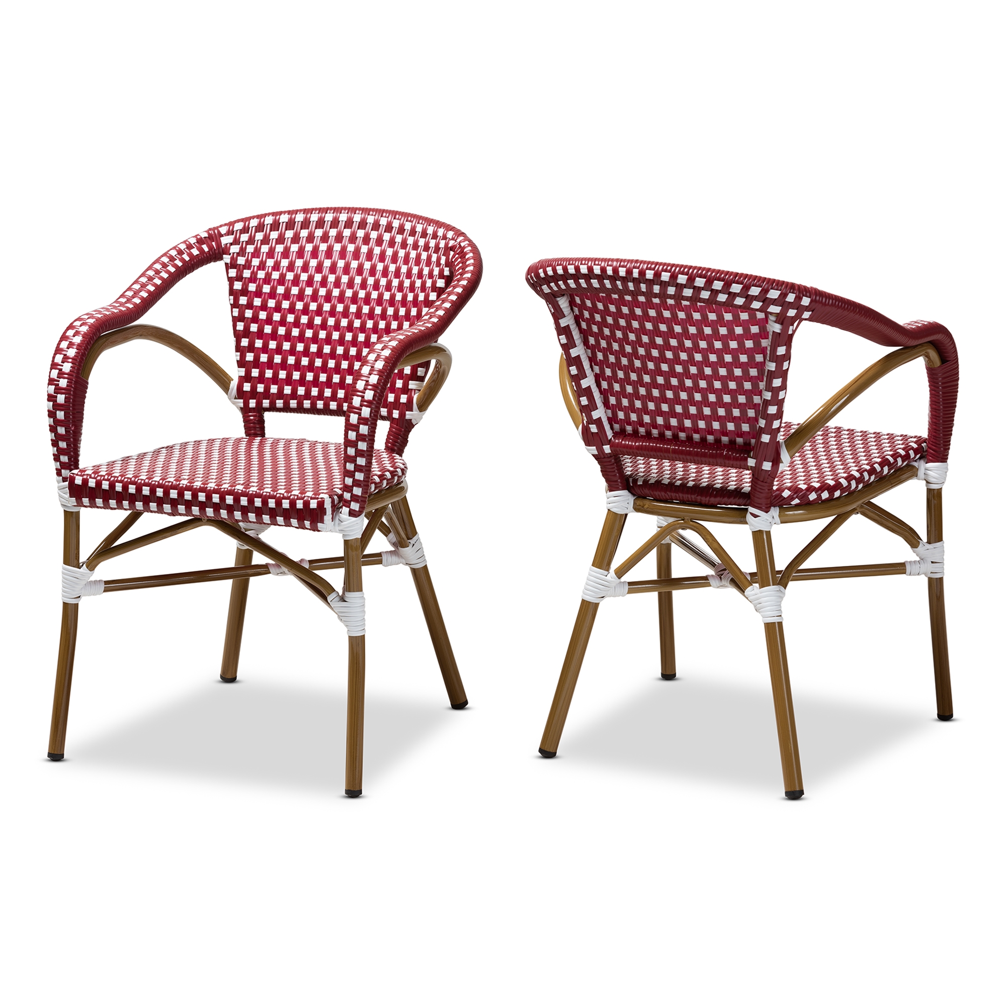 Baxton Studio Eliane Classic French Indoor and Outdoor Red and White Bamboo Style Stackable Bistro Dining Chair Set of 2