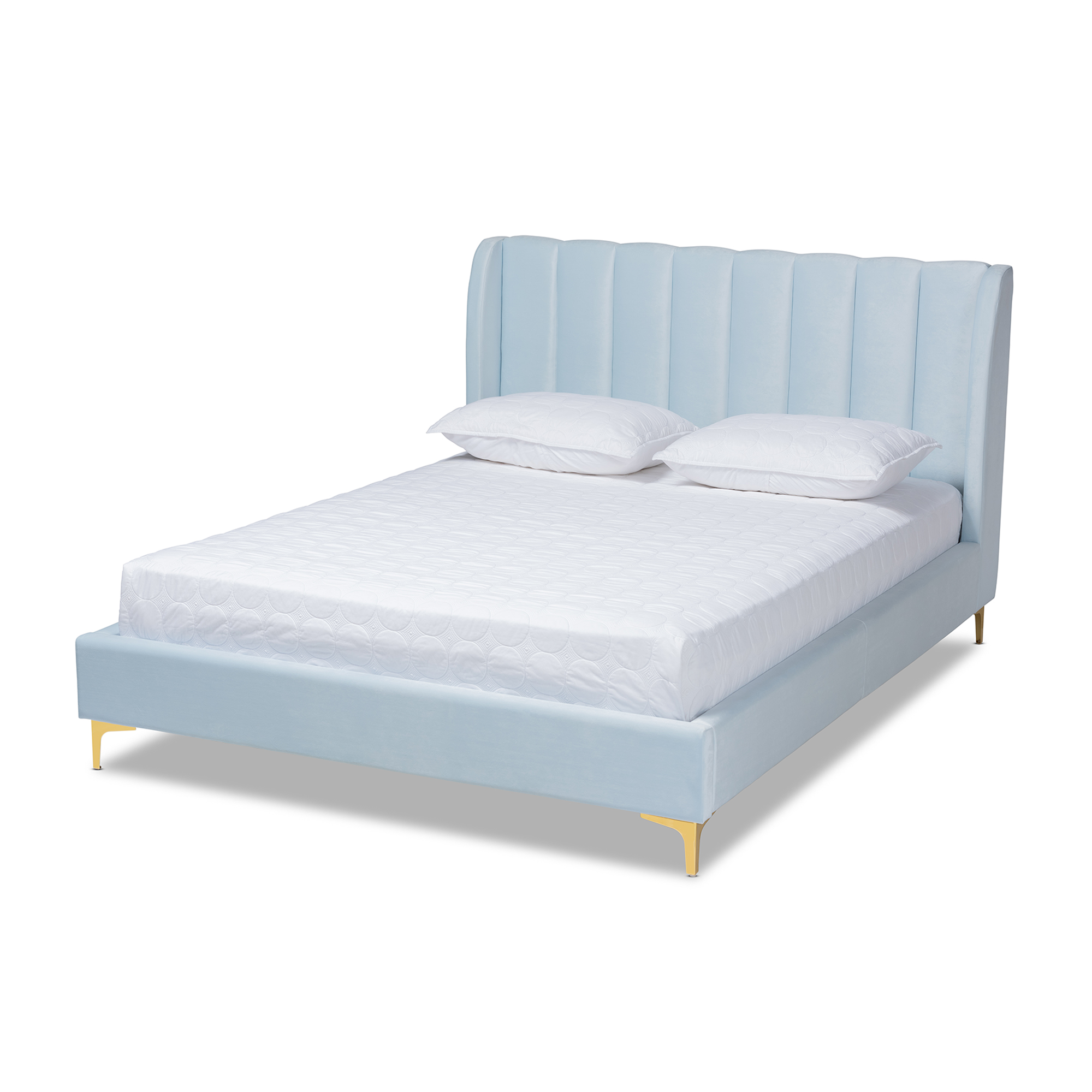 Baxton Studio Saverio Glam and Luxe Light Blue Velvet Fabric Upholstered Queen Size Platform Bed with Gold-Tone Legs