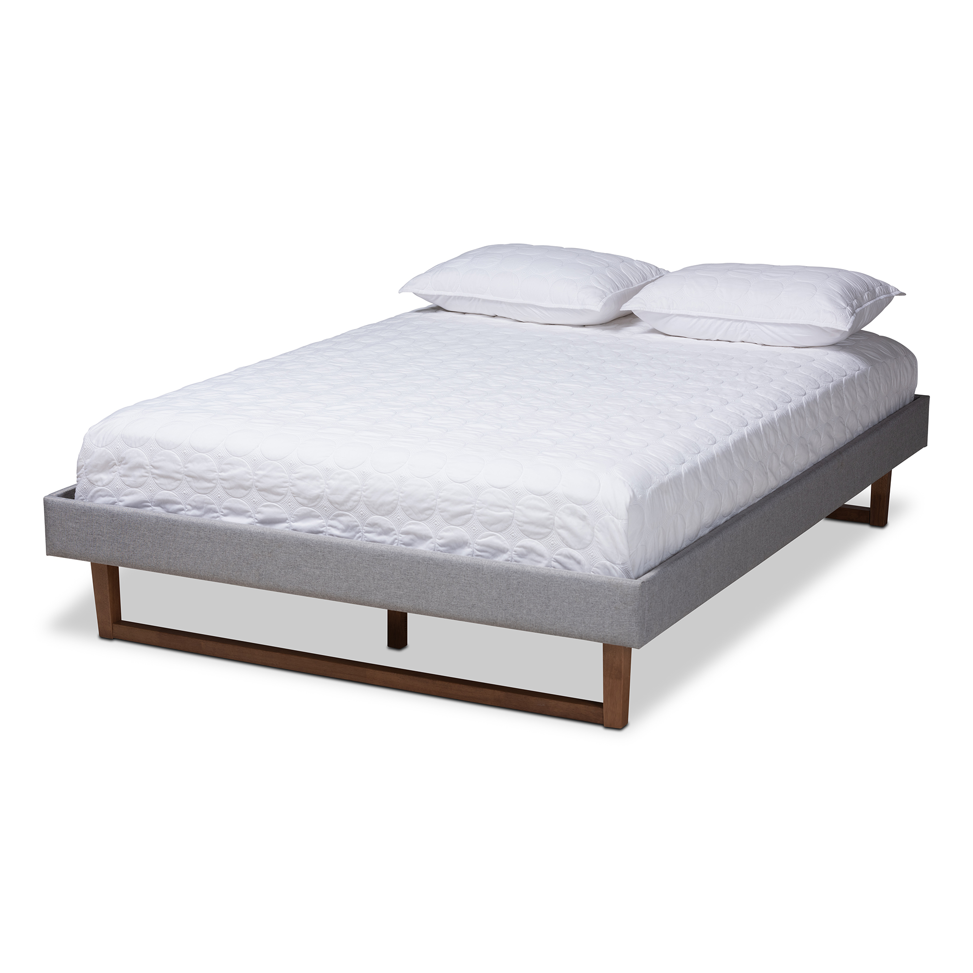 Baxton Studio Liliya Mid-Century Modern Light Grey Fabric Upholstered Walnut Brown Finished Wood Full Size Platform Bed Frame