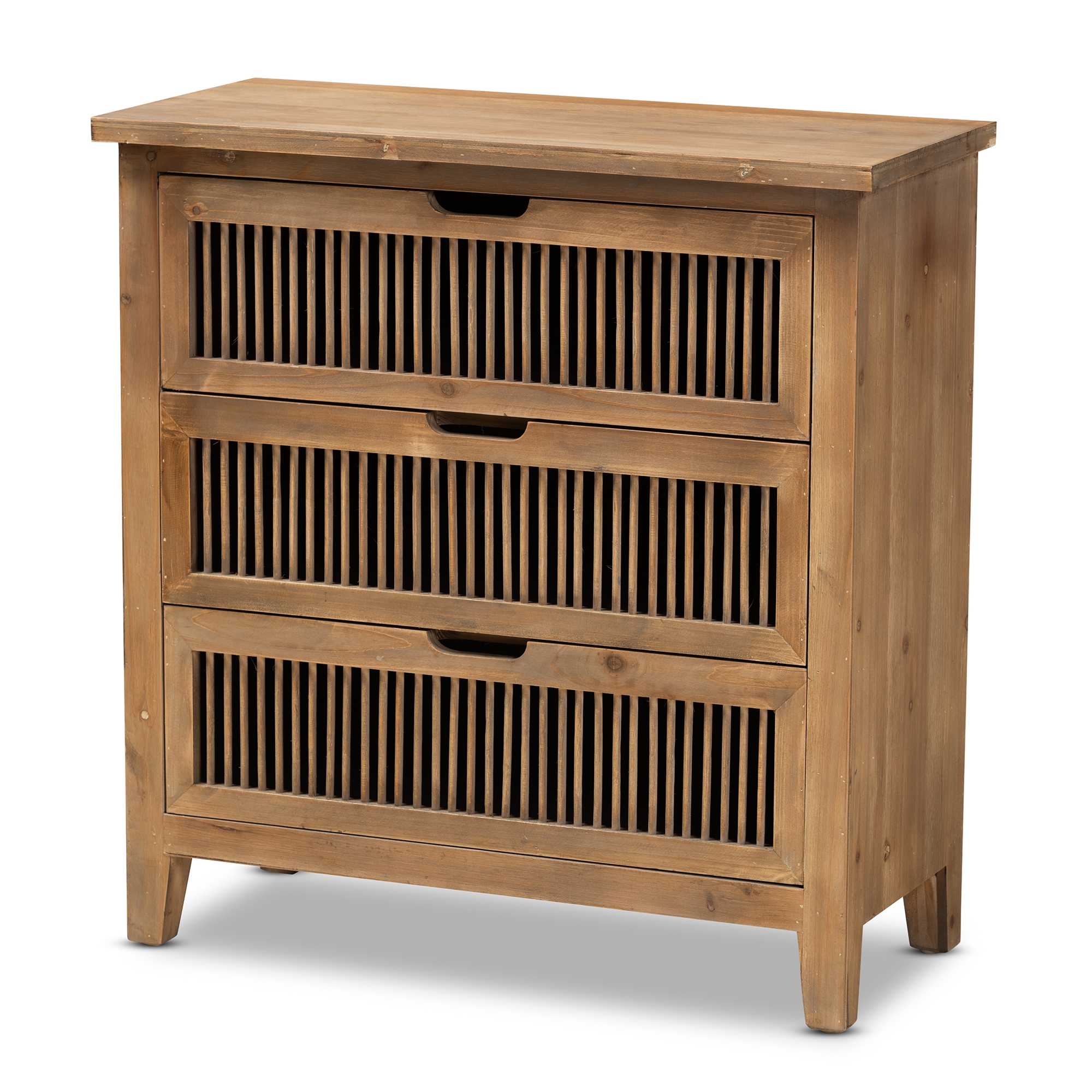 Baxton Studio Clement Rustic Transitional Medium Oak Finished 3-Drawer Wood Spindle Storage Cabinet