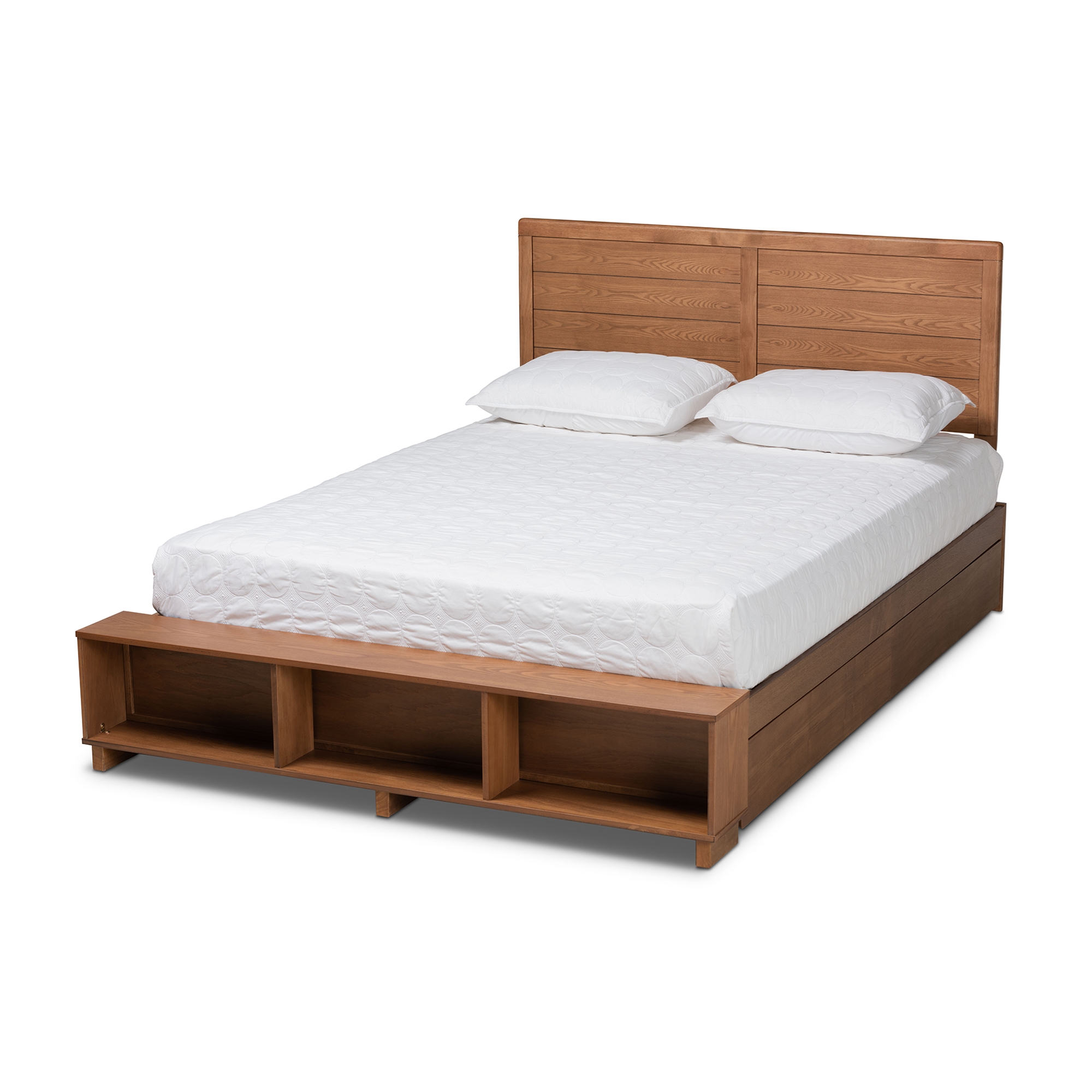 Baxton Studio Alba Modern Transitional Ash Walnut Brown Finished Wood Queen Size 4-Drawer Platform Storage Bed with Built-In Shelves