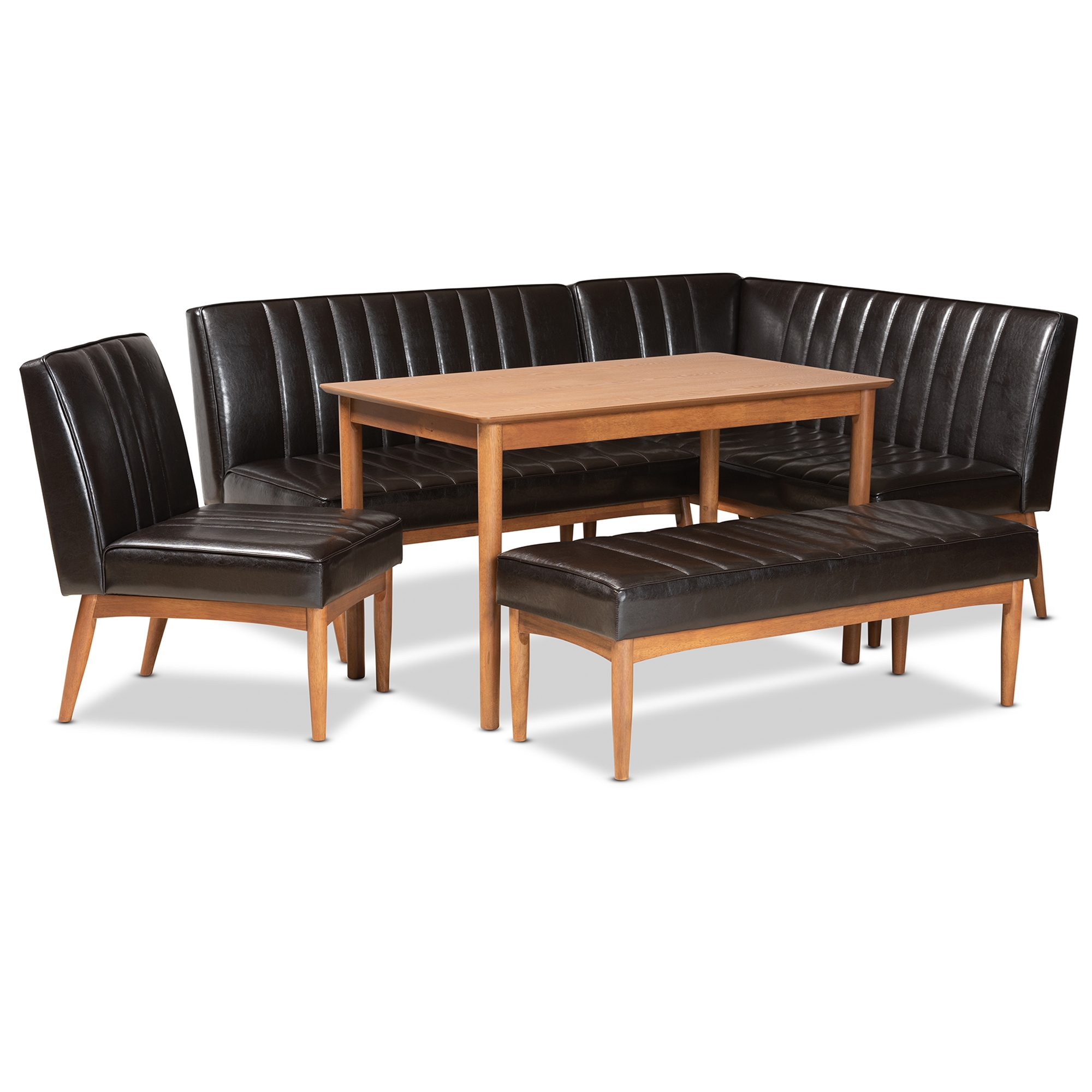 Baxton Studio Daymond Mid-Century Modern Dark Brown Faux Leather Upholstered and Walnut Brown Finished Wood 5-Piece Dining Nook Set