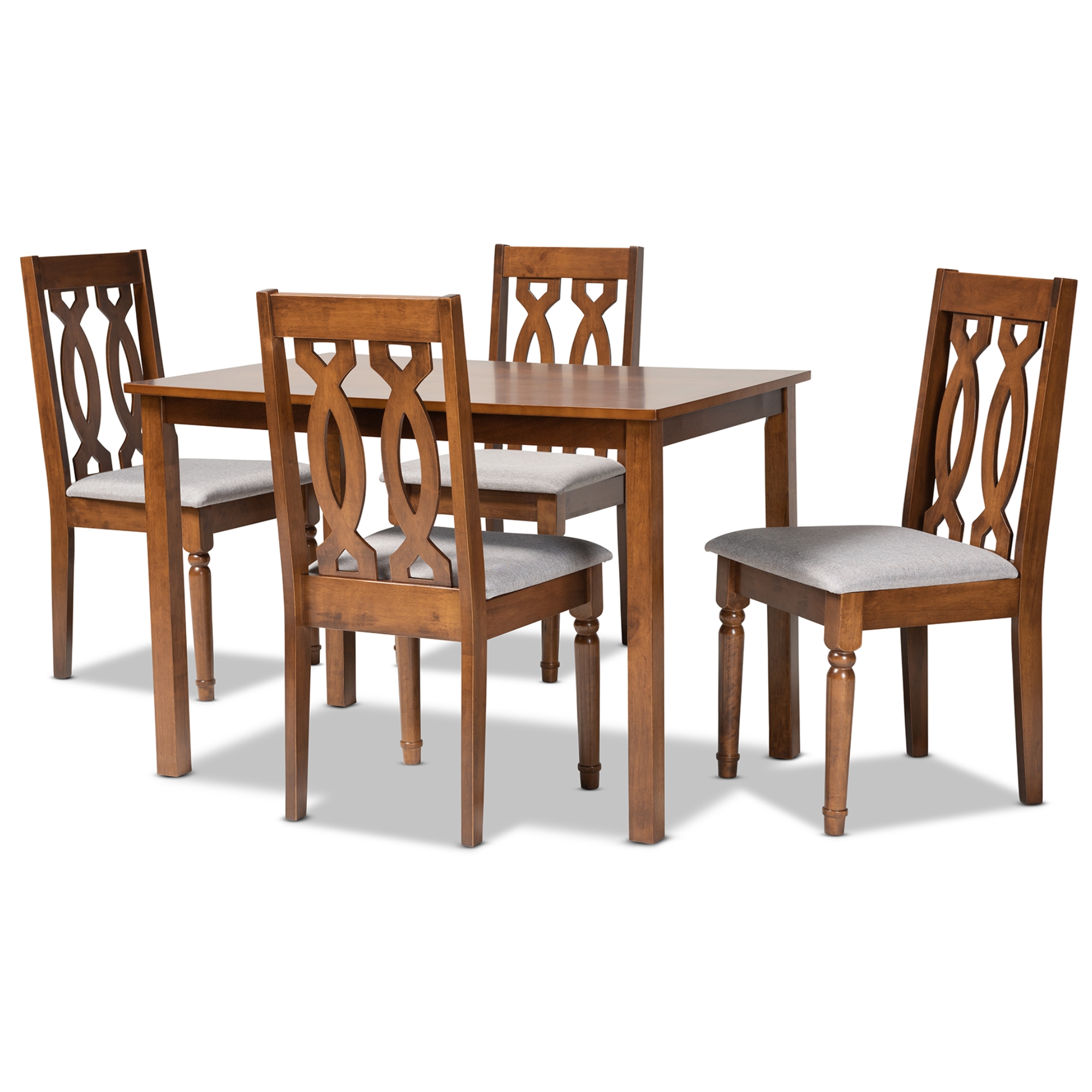 Baxton Studio Cherese Modern and Contemporary Grey Fabric Upholstered and Walnut Brown Finished 5-Piece Wood Dining Set