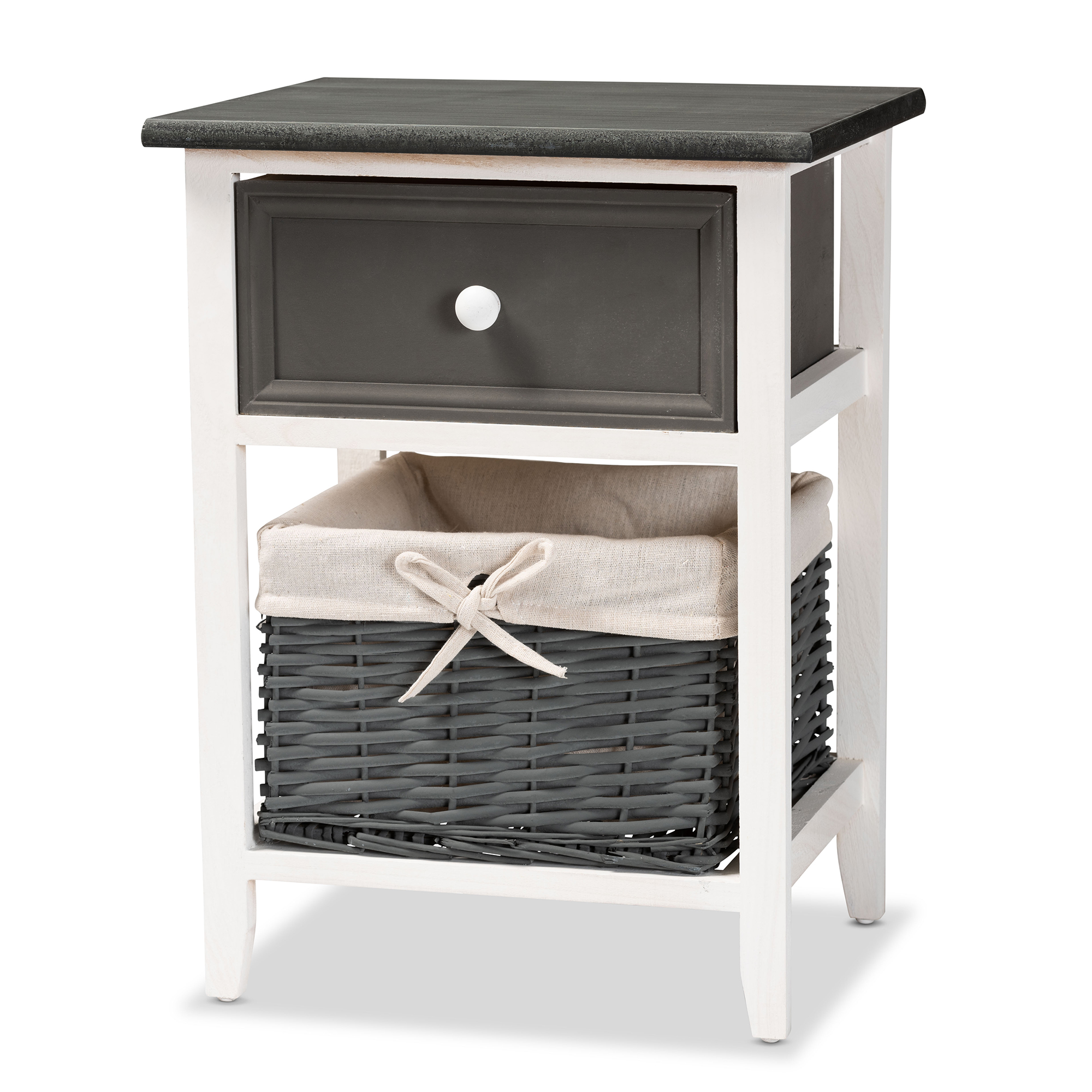 Baxton Studio Shadell Modern Transitional Two-Tone Dark Grey and White Finished Wood 1-Drawer Storage Unit with Basket