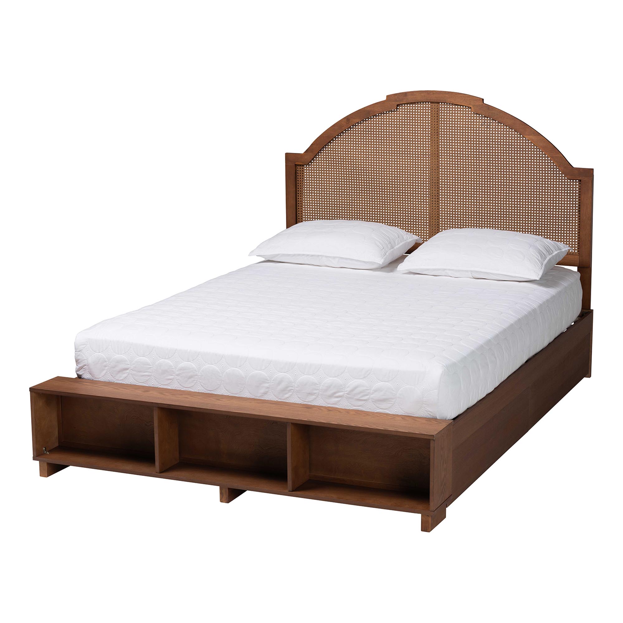 Baxton Studio Darcila Mid-Century Walnut Brown Wood and Rattan Queen Size Storage Bed