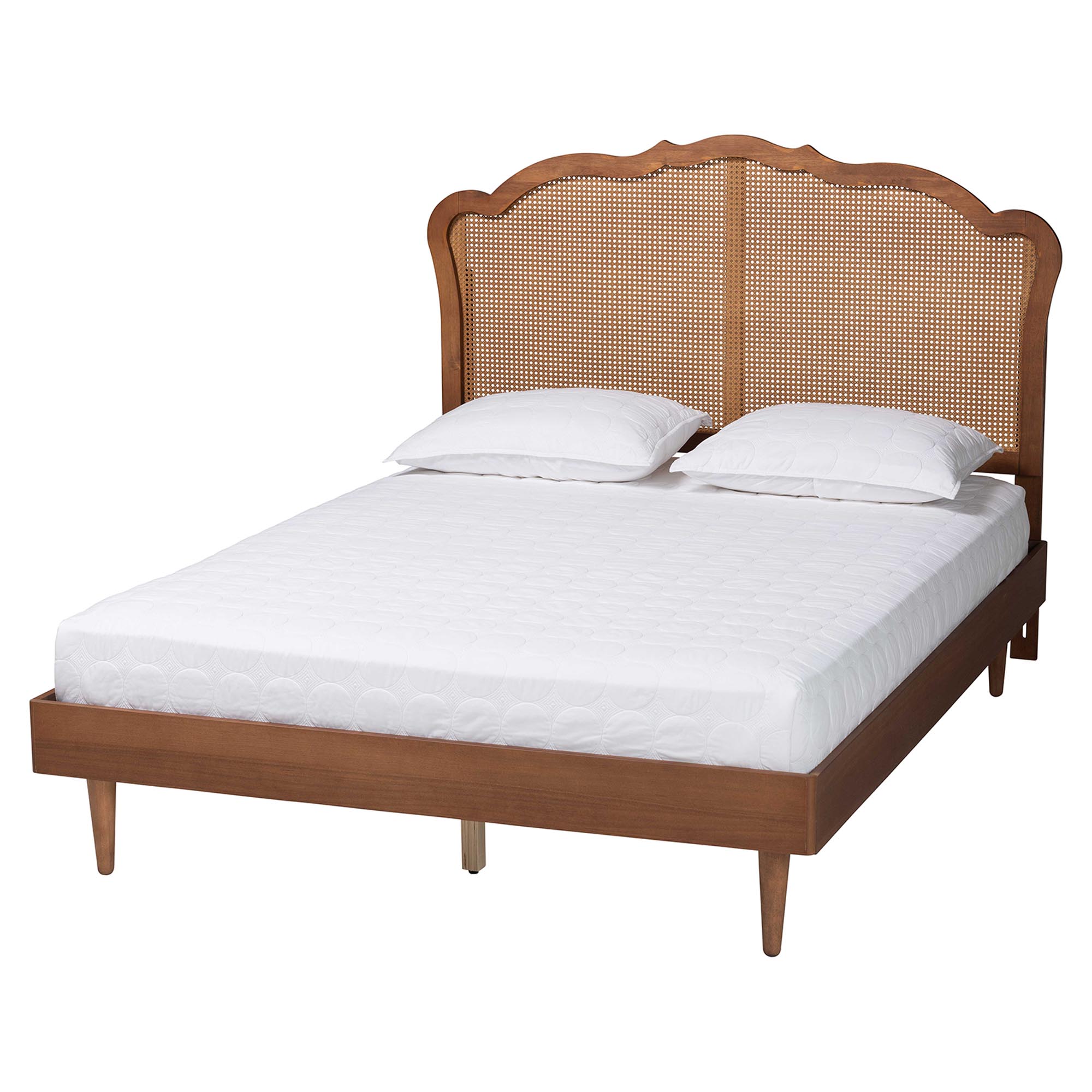 Baxton Studio Camden Mid-Century Walnut Brown Wood and Rattan Queen Size Platform Bed