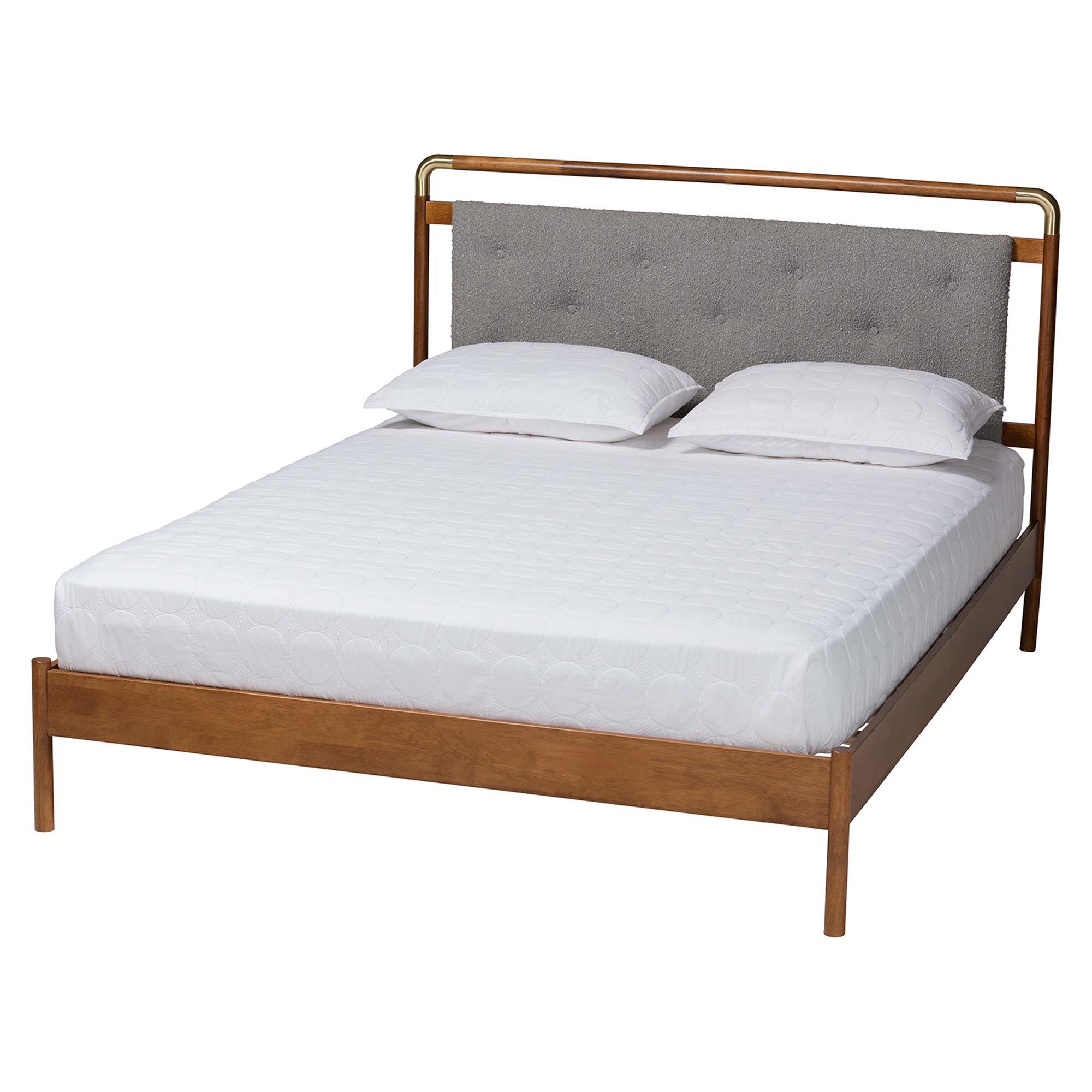 Baxton Studio Edwina Mid-Century Light Grey Boucle Fabric and Walnut Brown Wood Queen Size Platform Bed