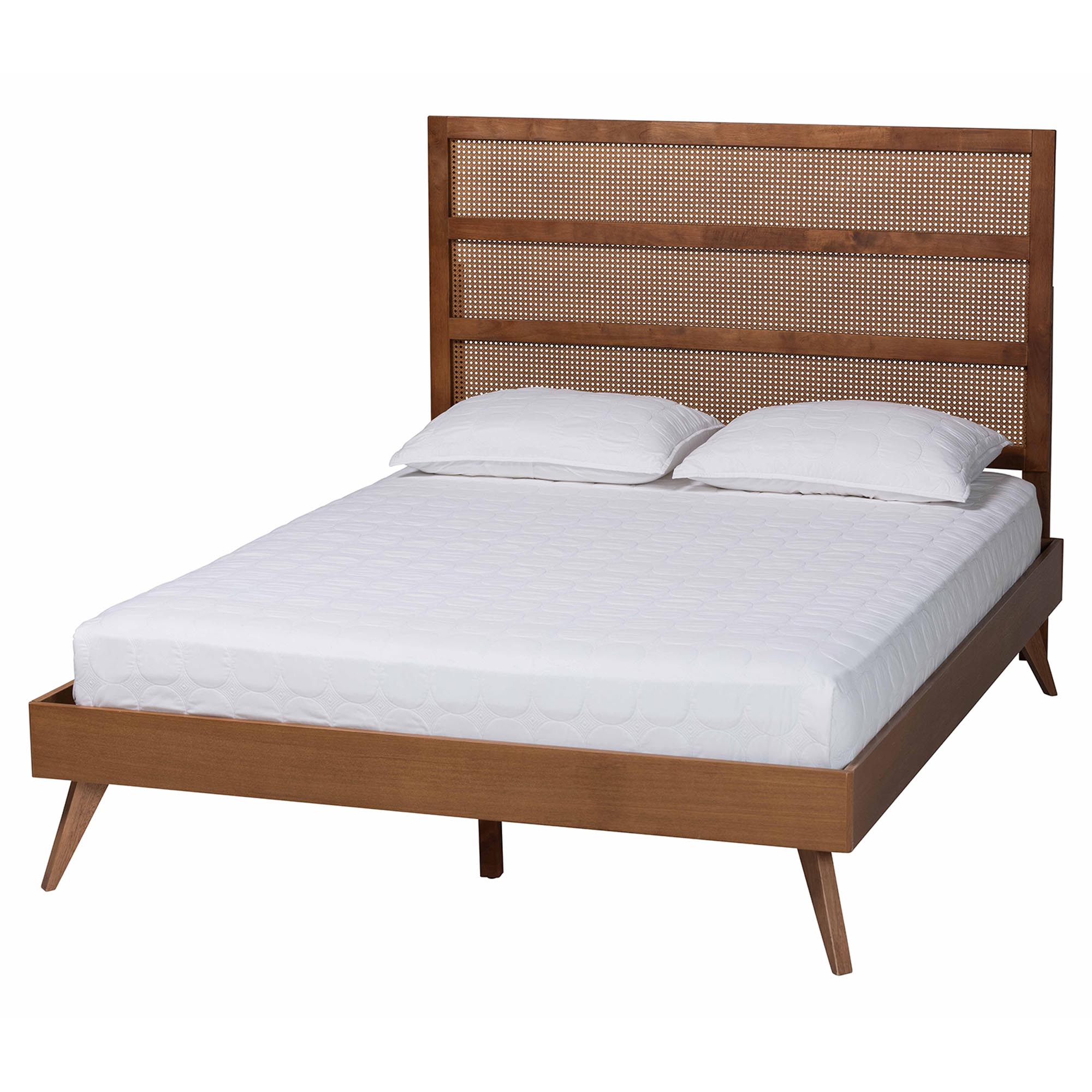 Baxton Studio Fuller Mid-Century Walnut Brown Finished Wood Queen Size Platform Bed with Woven Rattan