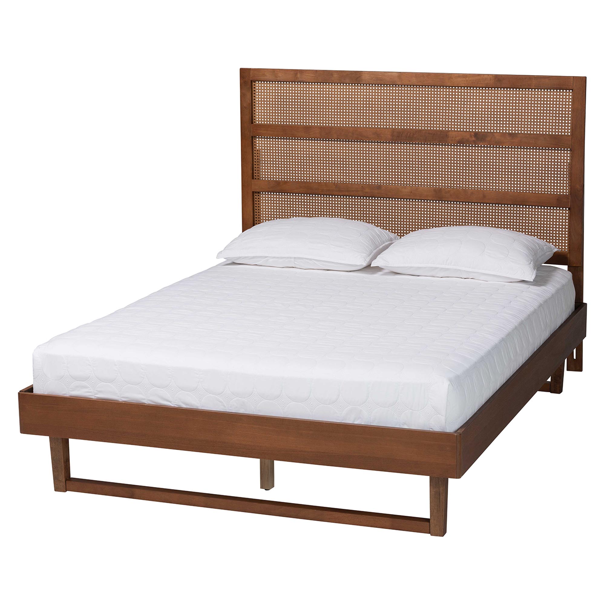 Baxton Studio Donnica Mid-Century Walnut Brown Finished Wood Queen Size Platform Bed with Woven Rattan