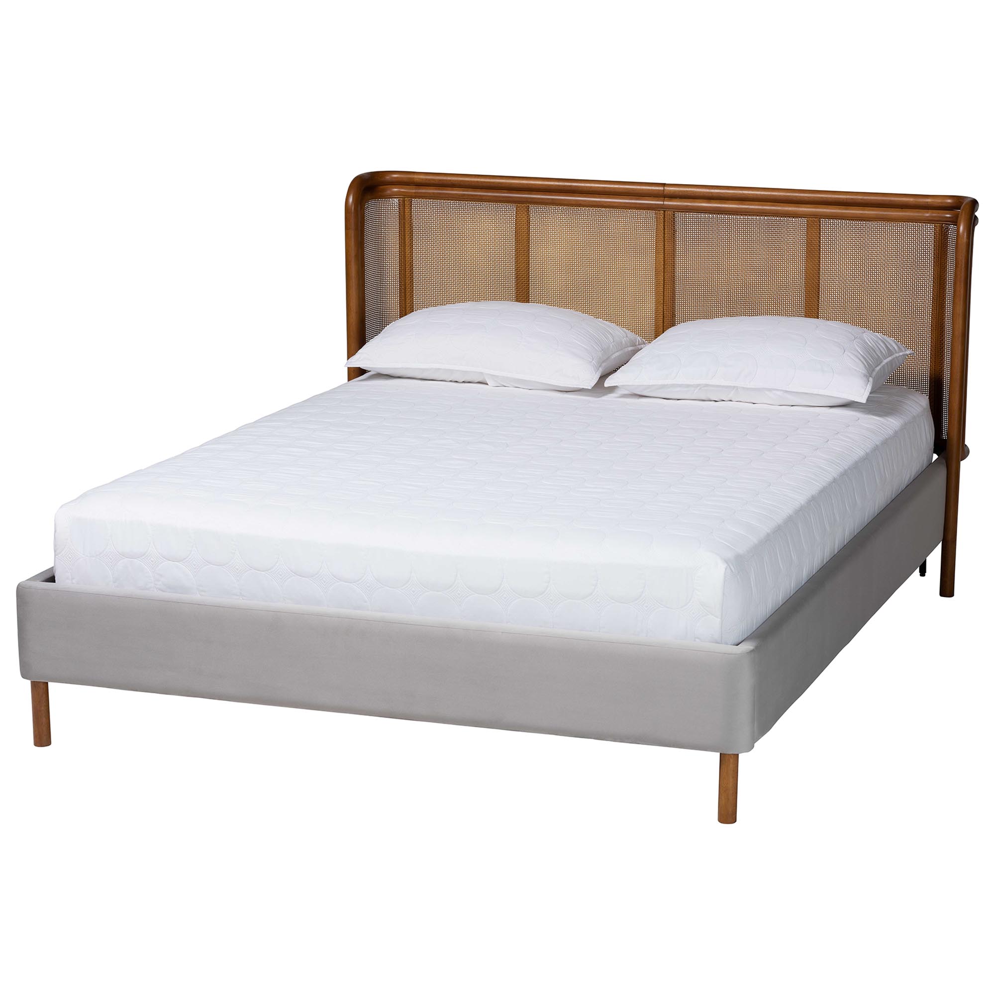 Baxton Studio Harrell Mid-Century Modern Grey Velvet and Woven Rattan Wood Queen Size Bed