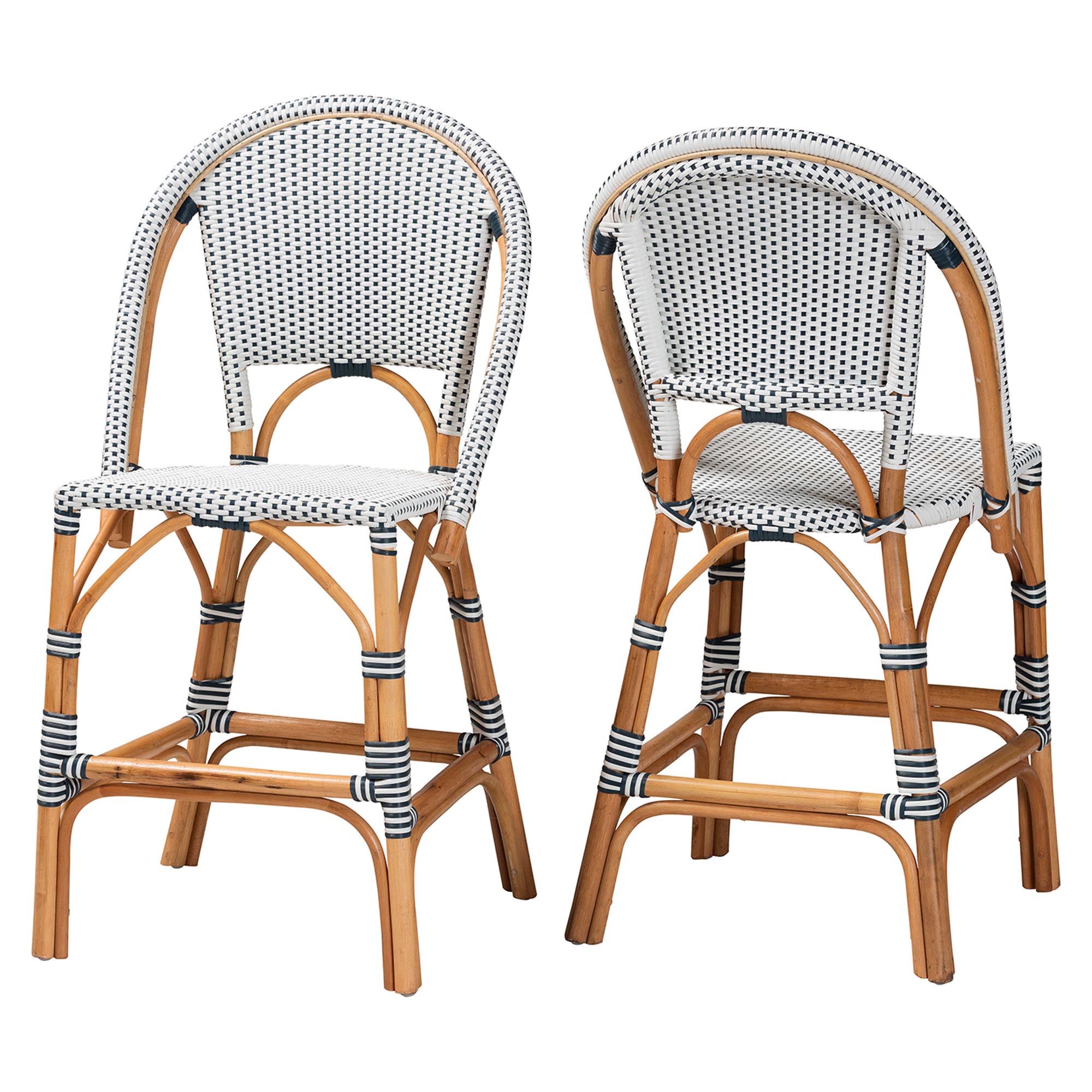 bali & pari Genica Classic French Two-Tone Navy and White Weaving and Natural Rattan 2-Piece Counter Stool Set