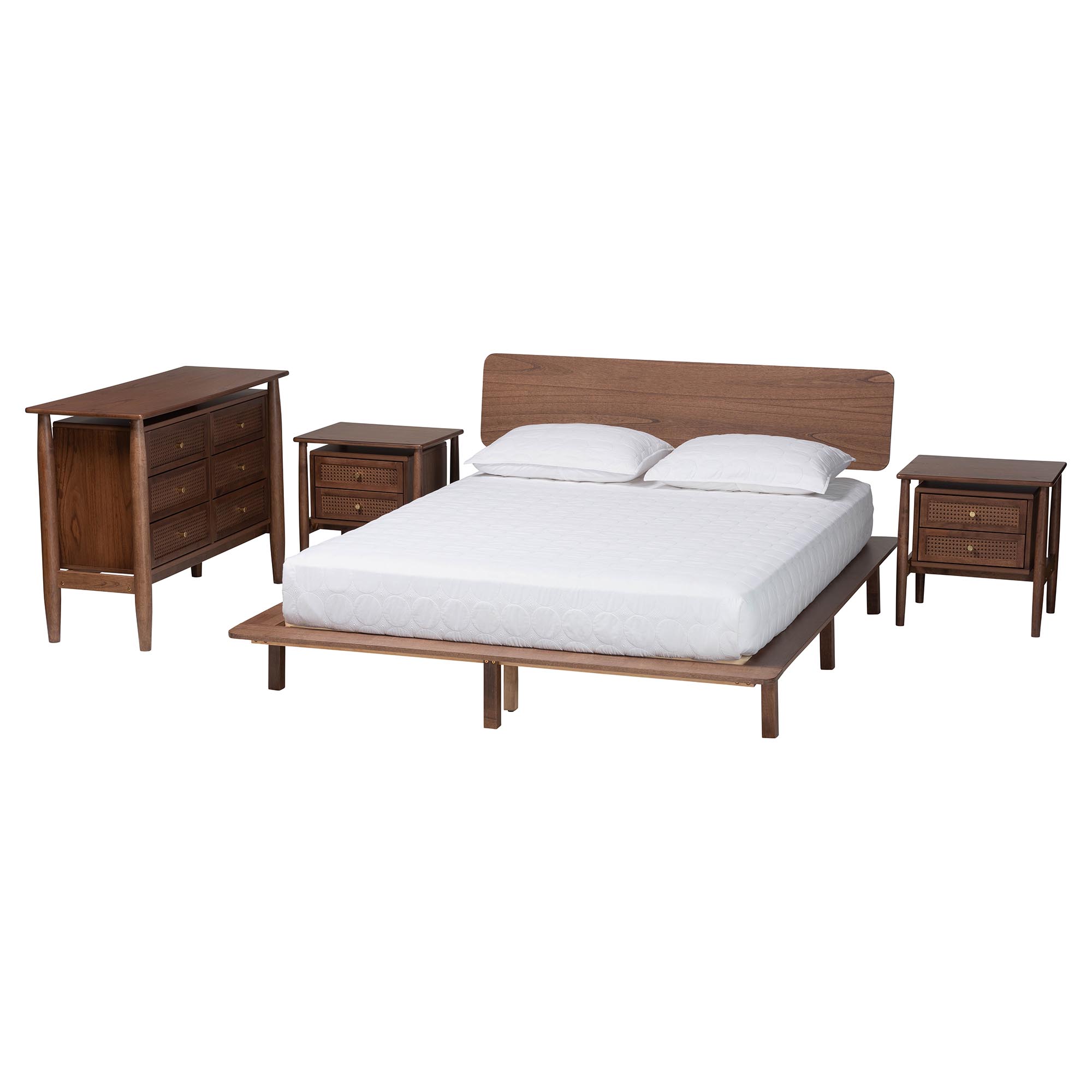 Baxton Studio Alyssa Japandi Walnut Brown Wood Queen Size 4-Piece Bedroom Set