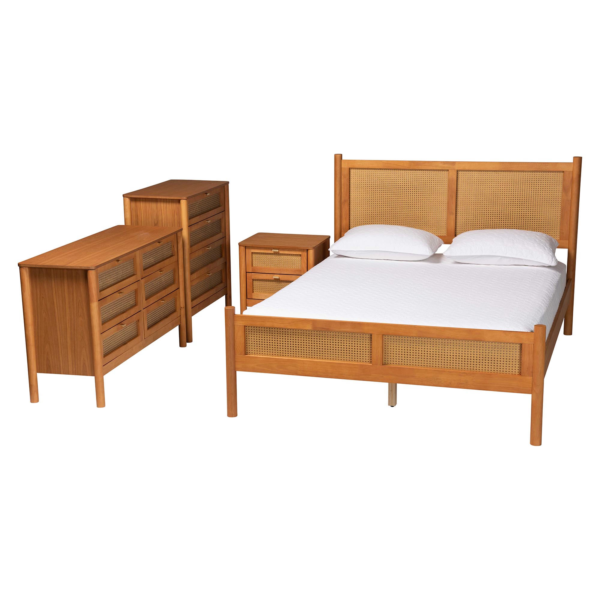 Baxton Studio Jenn Golden Brown Wood Japandi 4-Piece Queen Size Bedroom Set with Distressed-Finished Rattan