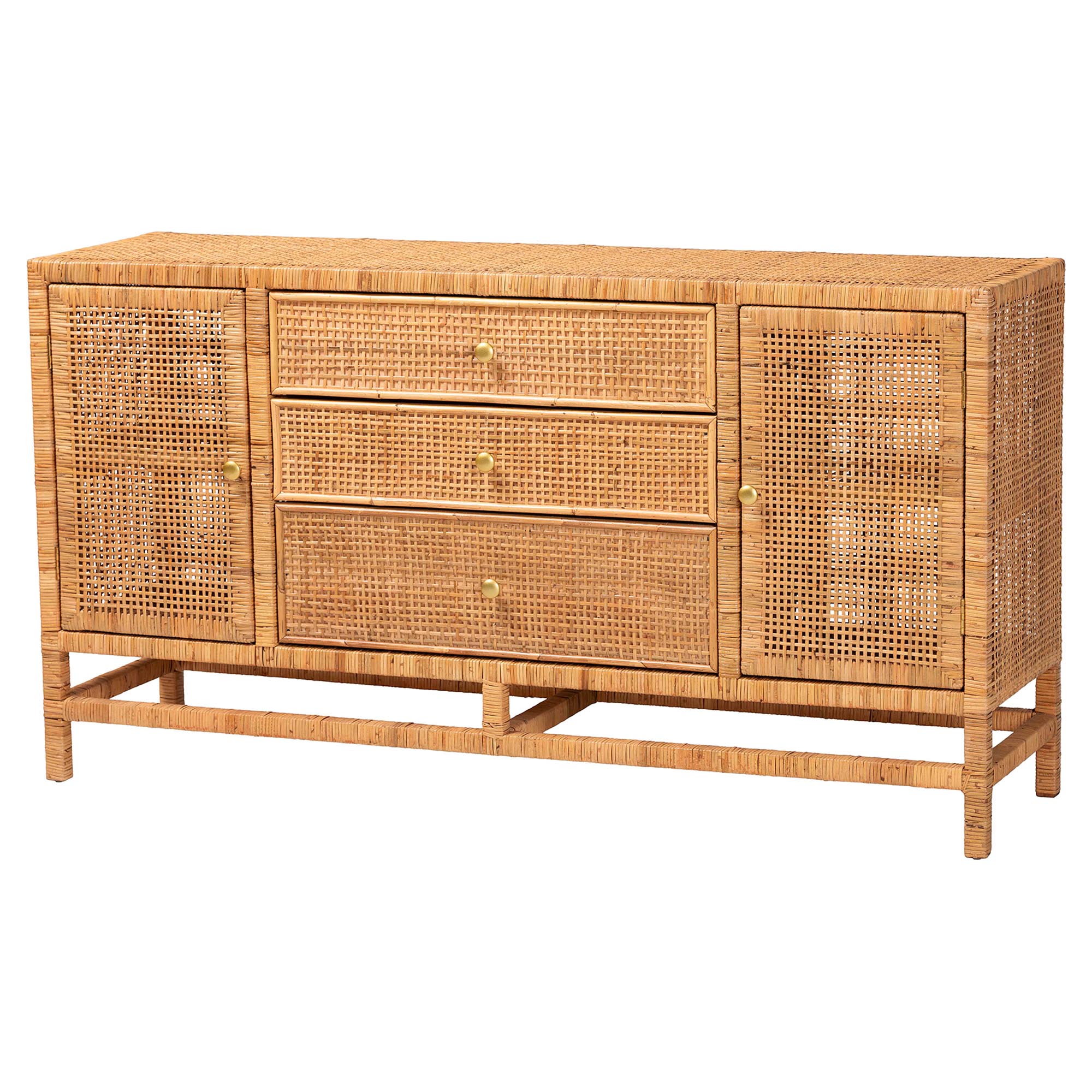 bali & pari Vivan Bohemian Honey Rattan and Mahogany Wood 3-Drawer Storage Cabinet